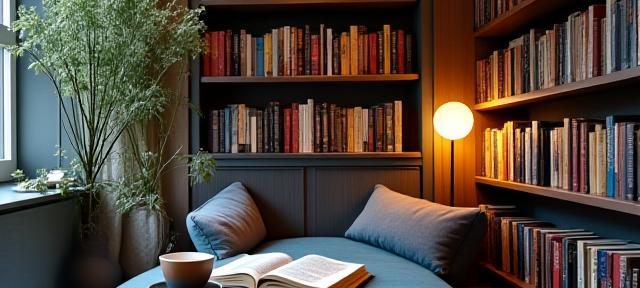 Cosy reading nook lined with books at Luminaire Labyrinth, Dublin